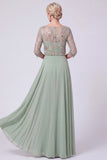 Navy A-Line Illusion Round Neck Beaded Long Mother Of The Bride Dress