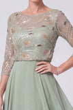 Navy A-Line Illusion Round Neck Beaded Long Mother Of The Bride Dress