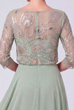 Navy A-Line Illusion Round Neck Beaded Long Mother Of The Bride Dress