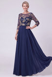 Navy A-Line Illusion Round Neck Beaded Long Mother Of The Bride Dress