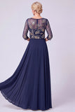 Navy A-Line Illusion Round Neck Beaded Long Mother Of The Bride Dress
