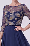Navy A-Line Illusion Round Neck Beaded Long Mother Of The Bride Dress