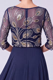 Navy A-Line Illusion Round Neck Beaded Long Mother Of The Bride Dress