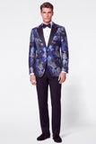 2 Piece Black Blue Jacquard Peak Lapel Single Breasted Men's Prom Suits