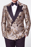 Black Silver 2 Piece Double Breasted Jacquard Peak Lapel Men's Prom Suits