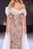 Blush Sheath Asymmetrical Off the Shoulder Sequins Appliques Maxi Pageant Dress