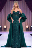 Dark Green Mermaid Corset Sheer Sequins Maxi Pageant Dress with Cape