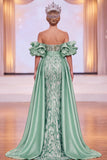 Green Sheath Off the Shoulder Puff Sleeves Ruched Maxi Pageant Dress with Side Slit
