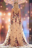 Champagne A-Line Sequins 3D Floral Appliques Maxi Pageant Dress with Side Slit