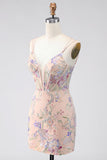 Bodycon Spaghetti Straps Sequin Floral Embroidery Corset Short Homecoming Dress
