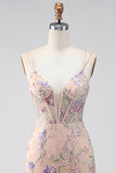 Bodycon Spaghetti Straps Sequin Floral Embroidery Corset Short Homecoming Dress