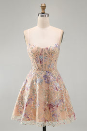 Apricot A-Line Sequin Corset Floral Embroidery Short Cocktail Dress