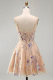Apricot A-Line Sequin Corset Floral Embroidery Short Homecoming Dress