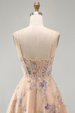 Apricot A-Line Sequin Corset Floral Embroidery Short Homecoming Dress