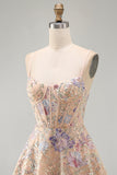 Apricot A-Line Sequin Corset Floral Embroidery Short Homecoming Dress