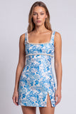 Light Blue Floral Pearls Square Neck Bodycon Mini Homecoming Dress with Slit