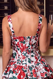 Red Flower Tiered Ruffled A-Line Square Neck Corset Short Cocktail Dress