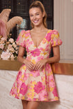 Floral Pink A-Line V-Neck Printed Short Homecoming Dress with Short Sleeves