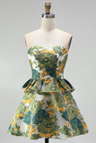 Green Floral Strapless A-Line Tiered Short Cocktail Dress with Ruffles