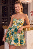 Green Floral Strapless A-Line Tiered Short Cocktail Dress with Ruffles