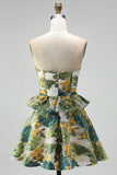 Green Floral Strapless A-Line Tiered Short Cocktail Dress with Ruffles