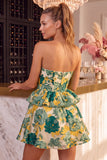 Green Floral Strapless A-Line Tiered Short Cocktail Dress with Ruffles