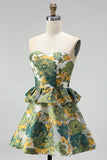 Green Floral Strapless A-Line Tiered Short Cocktail Dress with Ruffles