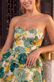 Green Floral Strapless A-Line Tiered Short Cocktail Dress with Ruffles