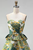 Green Floral Strapless A-Line Tiered Short Cocktail Dress with Ruffles
