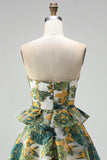 Green Floral Strapless A-Line Tiered Short Cocktail Dress with Ruffles