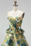 Green Floral Strapless A-Line Tiered Short Cocktail Dress with Ruffles