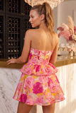 Green Floral Strapless A-Line Tiered Short Cocktail Dress with Ruffles