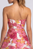 Pink Floral Jacquard Corset A-Line Strapless Short Cocktail Dress with Slit