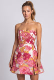 Pink Floral Jacquard Corset A-Line Strapless Short Cocktail Dress with Slit