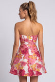 Pink Floral Jacquard Corset A-Line Strapless Short Cocktail Dress with Slit