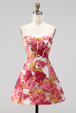 Pink Floral Jacquard Corset A-Line Strapless Short Cocktail Dress with Slit