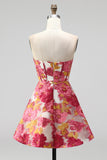 Pink Floral Jacquard Corset A-Line Strapless Short Cocktail Dress with Slit
