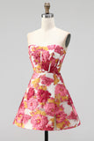 Pink Floral Jacquard Corset A-Line Strapless Short Cocktail Dress with Slit