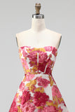 Pink Floral Jacquard Corset A-Line Strapless Short Cocktail Dress with Slit