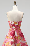 Pink Floral Jacquard Corset A-Line Strapless Short Cocktail Dress with Slit