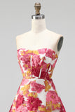 Pink Floral Jacquard Corset A-Line Strapless Short Cocktail Dress with Slit