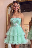 Mint Green Tiered Ruffle Tulle Sequins Strapless Short Cocktail Dress