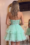 Mint Green Tiered Ruffle Tulle Sequins Strapless Short Cocktail Dress