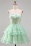 Mint Green Tiered Ruffle Tulle Sequins Strapless Short Cocktail Dress