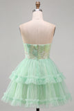 Mint Green Tiered Ruffle Tulle Sequins Strapless Short Cocktail Dress