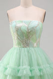 Mint Green Tiered Ruffle Tulle Sequins Strapless Short Cocktail Dress