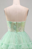 Mint Green Tiered Ruffle Tulle Sequins Strapless Short Cocktail Dress