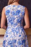 Blue Round Neck Floral Printed A-Line Short Homecoming Dress