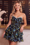 Blue Flower Corset A-Line Rhinestones Tiered Cocktail Dress with Ruffles