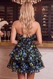 Blue Flower Corset A-Line Rhinestones Tiered Cocktail Dress with Ruffles